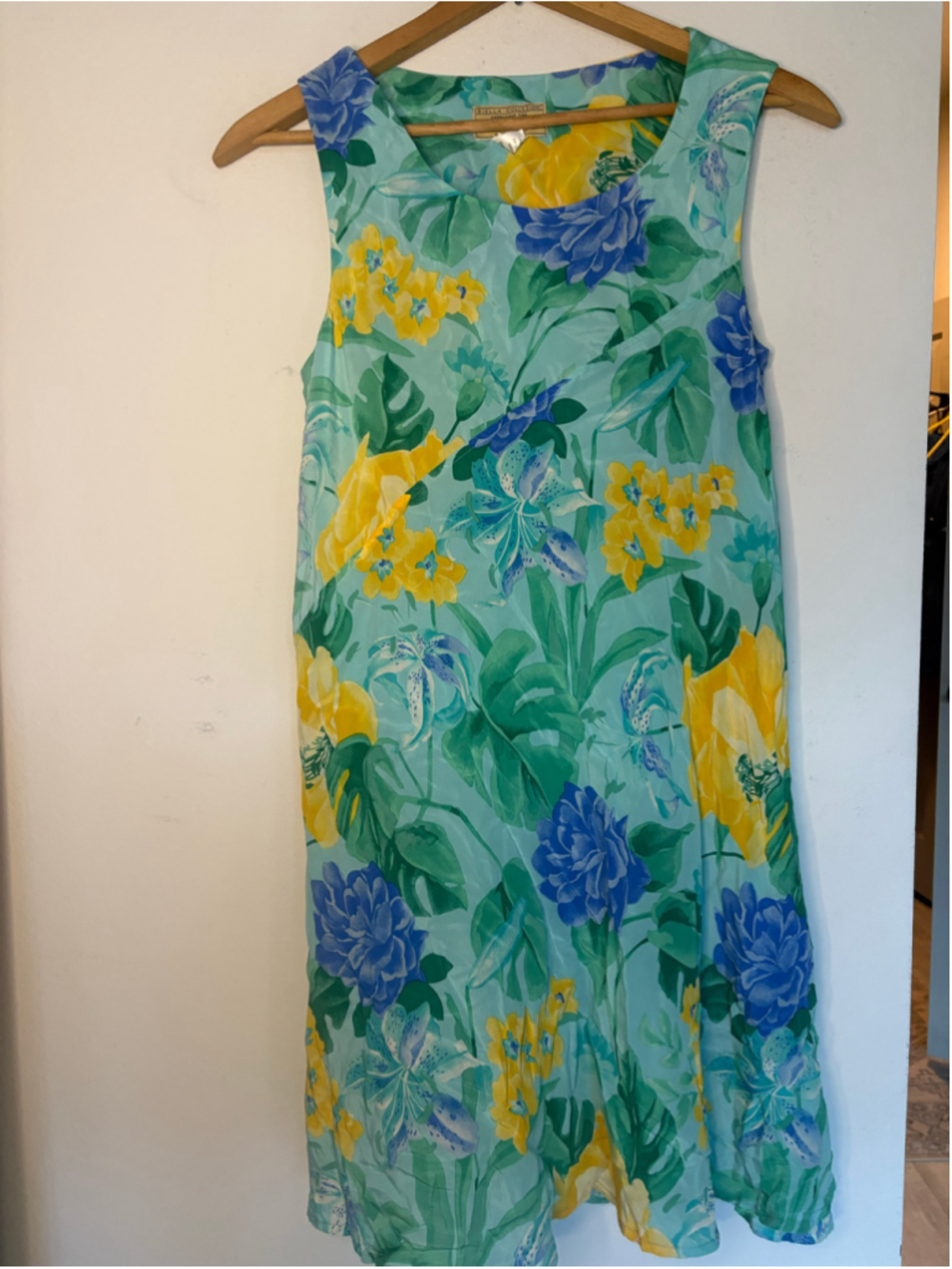 Vintage 90s Palm Beach 100% Silk Tropical Floral Shift Dress Aqua Blue Yellow M